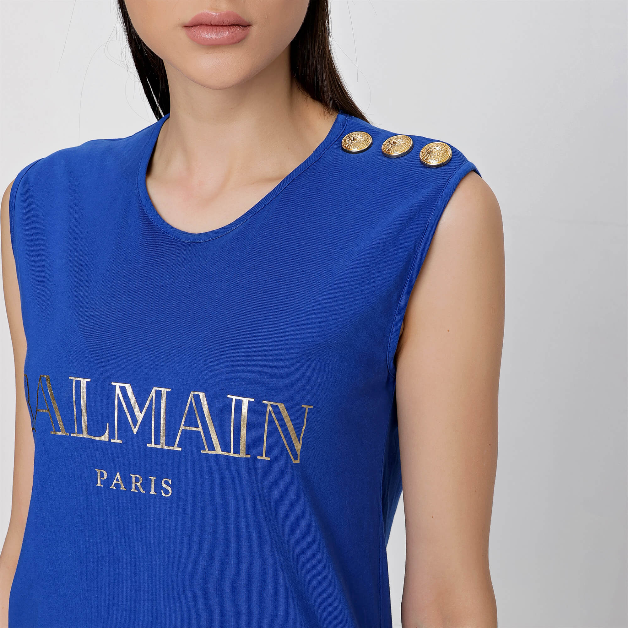 Balmain - Blue Gold Tone Balmain Logo Sleeveless T-shirt